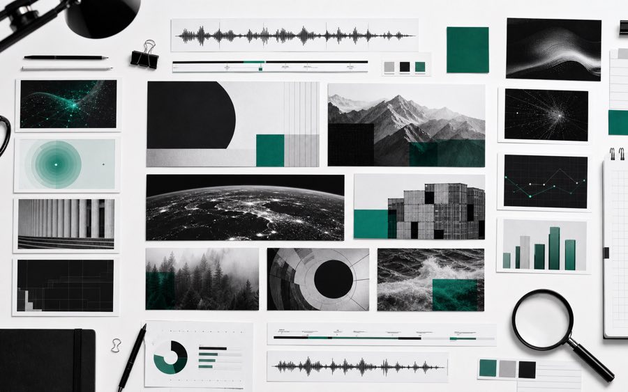 Faceless documentary video thumbnails and research notes arranged on a white editorial desk